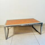 Vintage coffee table in elm burl and stainless steel base – Design 1970