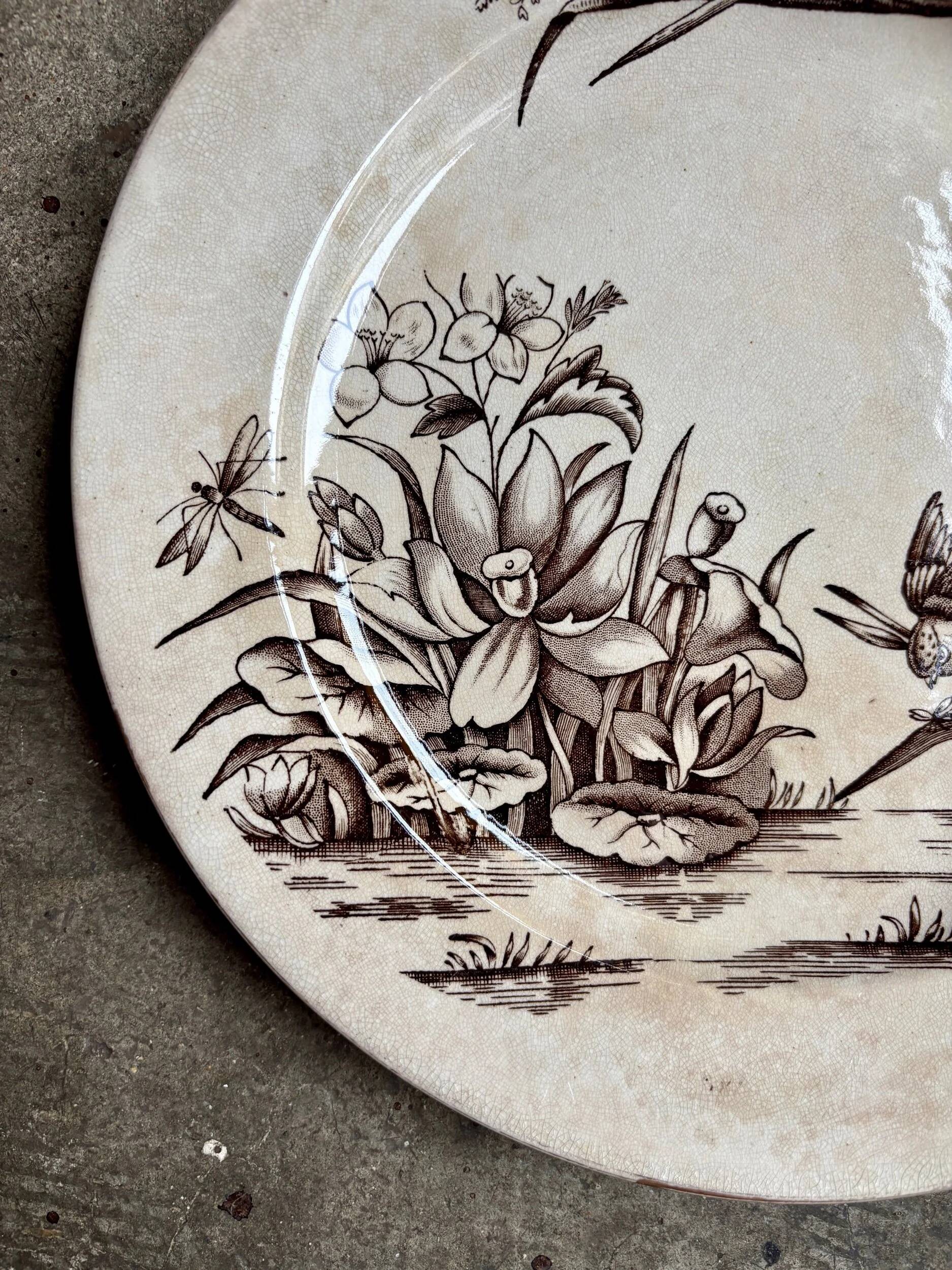 Assiette plate Tunstall en terre de fer anglaise marron et dorée, service "Amazon" vers 1880