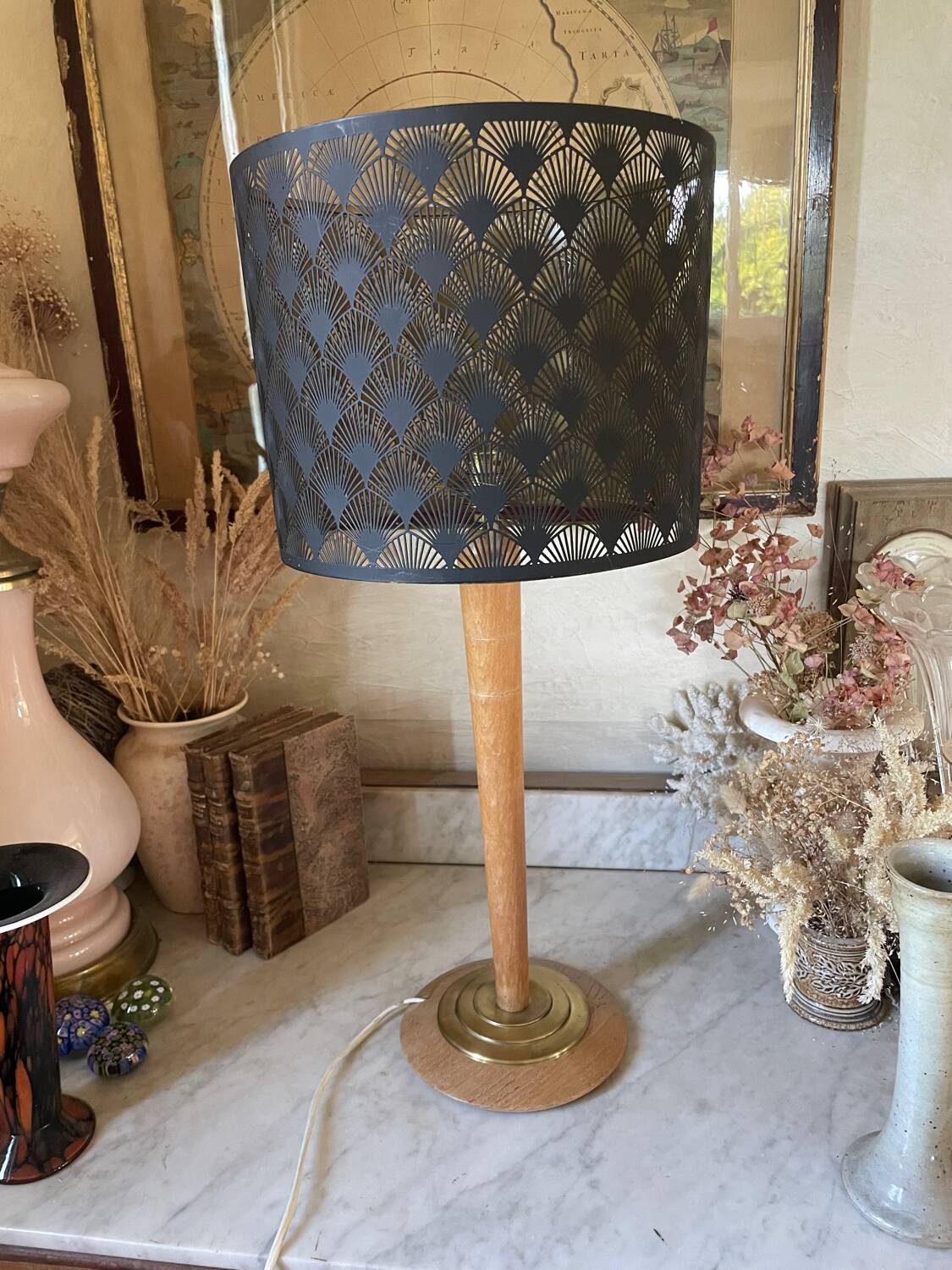 Pied de lampe hêtre et laiton style Mazda