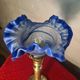 etched brass lamp with a blue satin glass tulip shade, signed Vianne 36x16