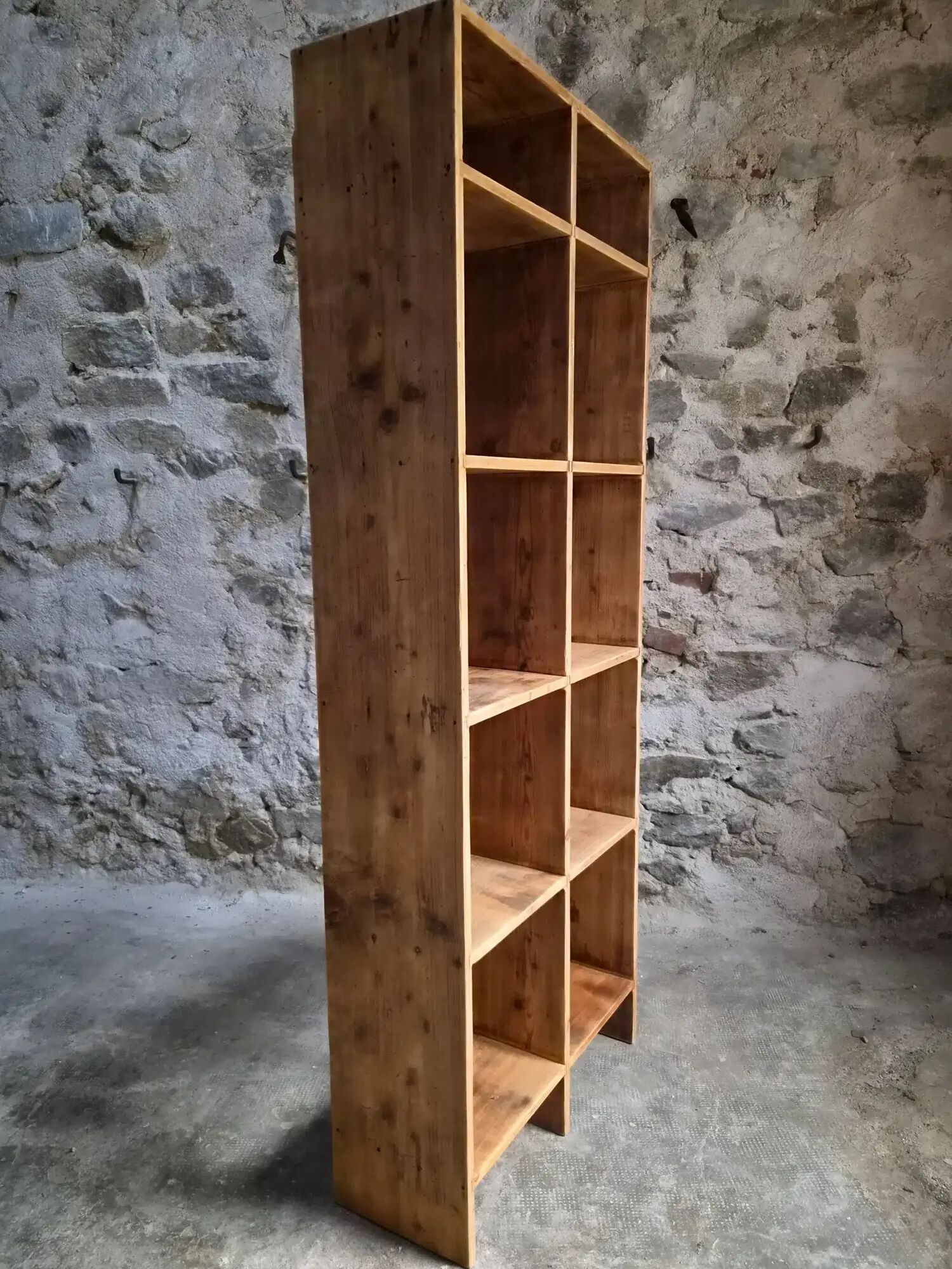 Vintage pine shelf with compartments, room divider, 1950s.