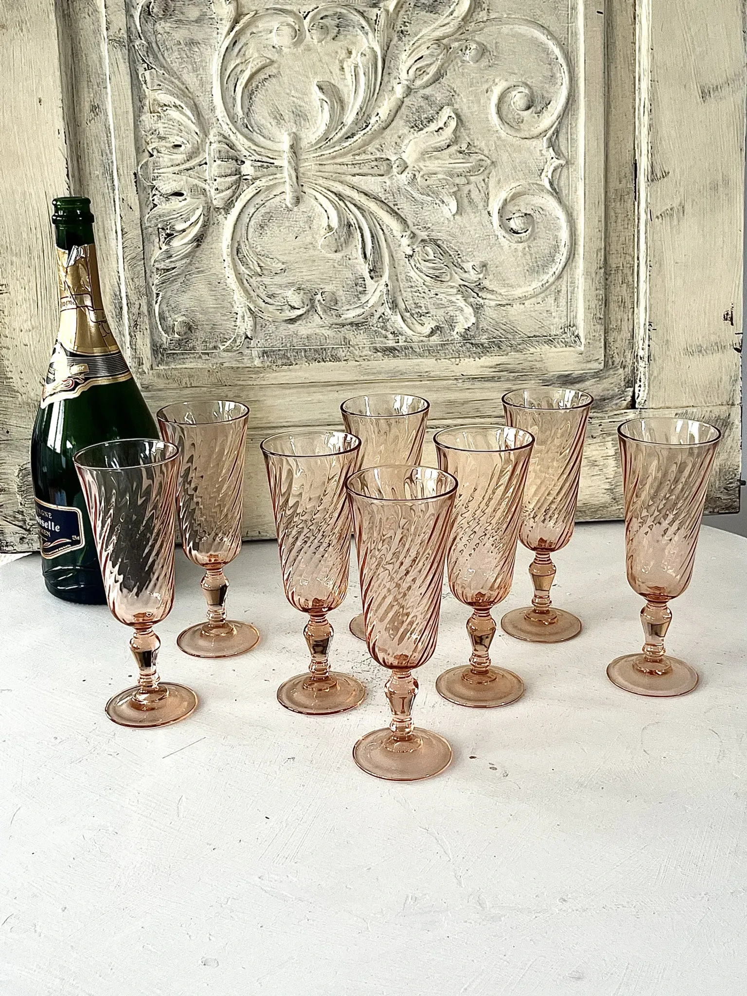 Champagne flutes pink set of 8, French swirl glass stemware rosaline
