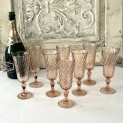 Champagne flutes pink set of 8, French swirl glass stemware rosaline