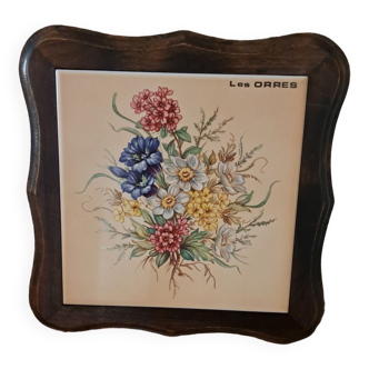 Vintage earthenware and wood trivet "Les Orres"