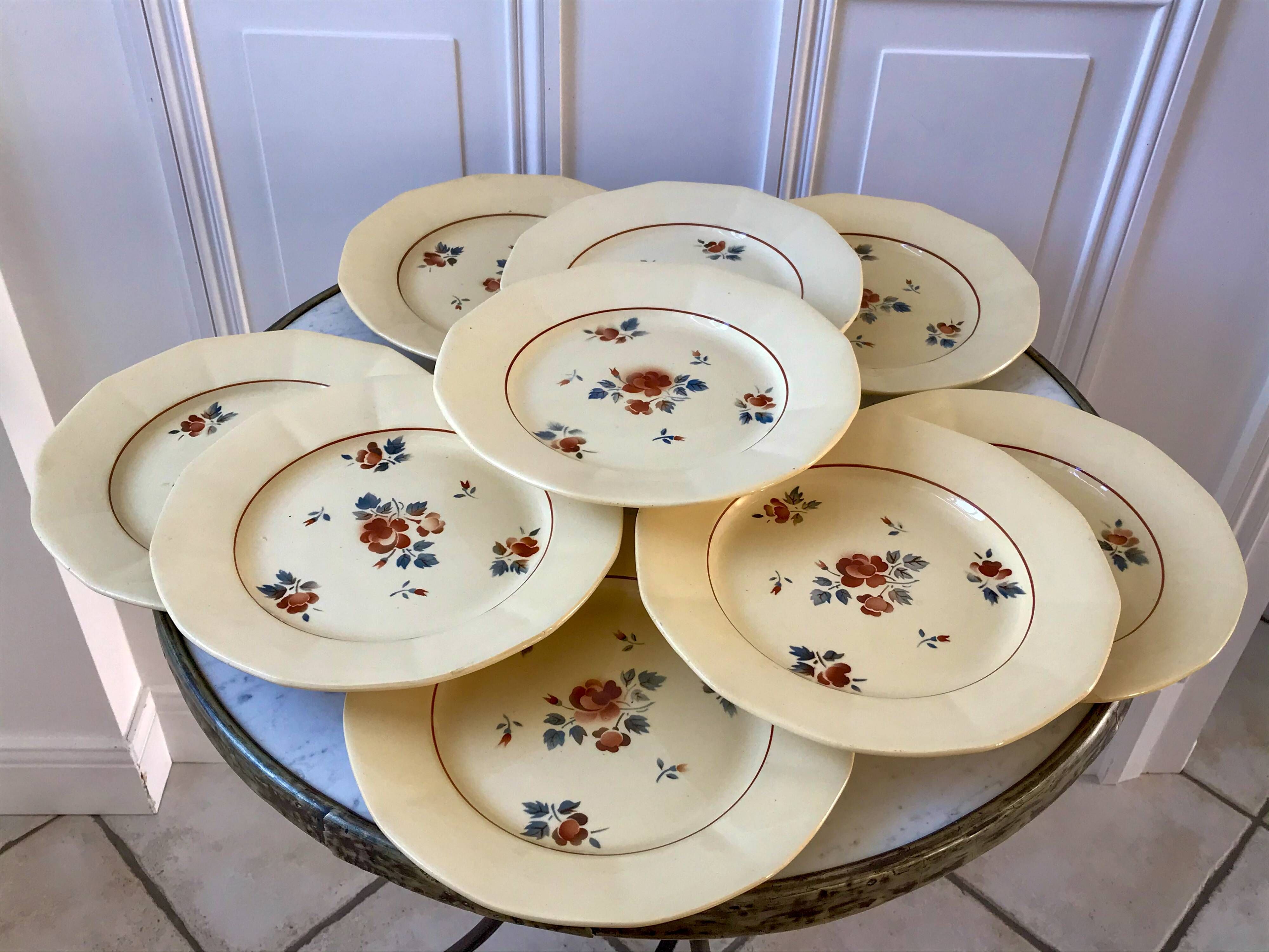 set of 9 Digoin Sarreguemines beige flat plates with pink flowers 1930s-40s