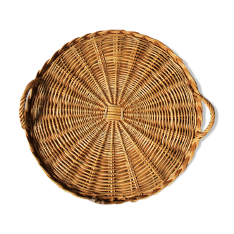Vintage wicker round tray two handles