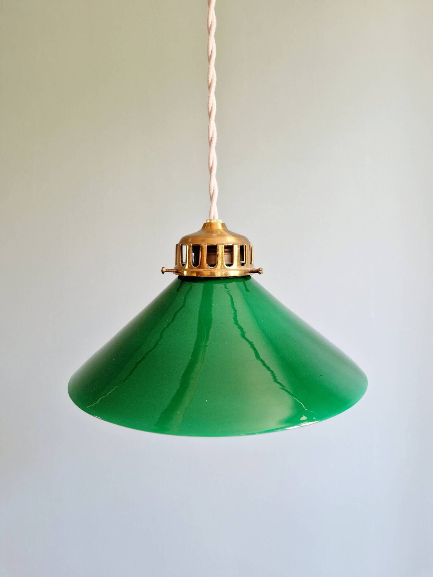 Art Deco pendant light in conical green opaline, 1920s-30s