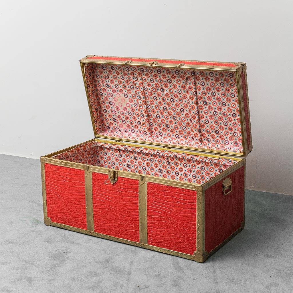 Vintage metal chest with red leather covering, 1950s