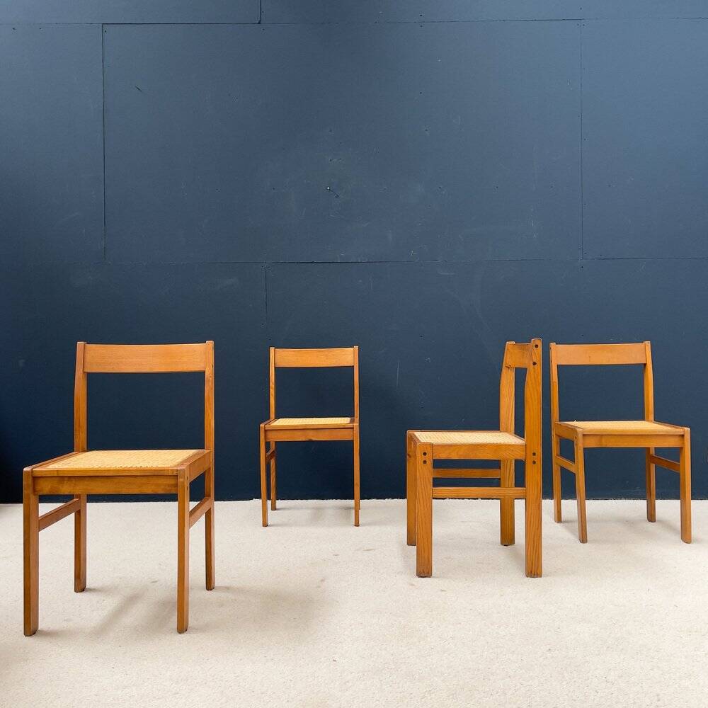 Chaises en frêne et en osier, 1950, ensemble de 4