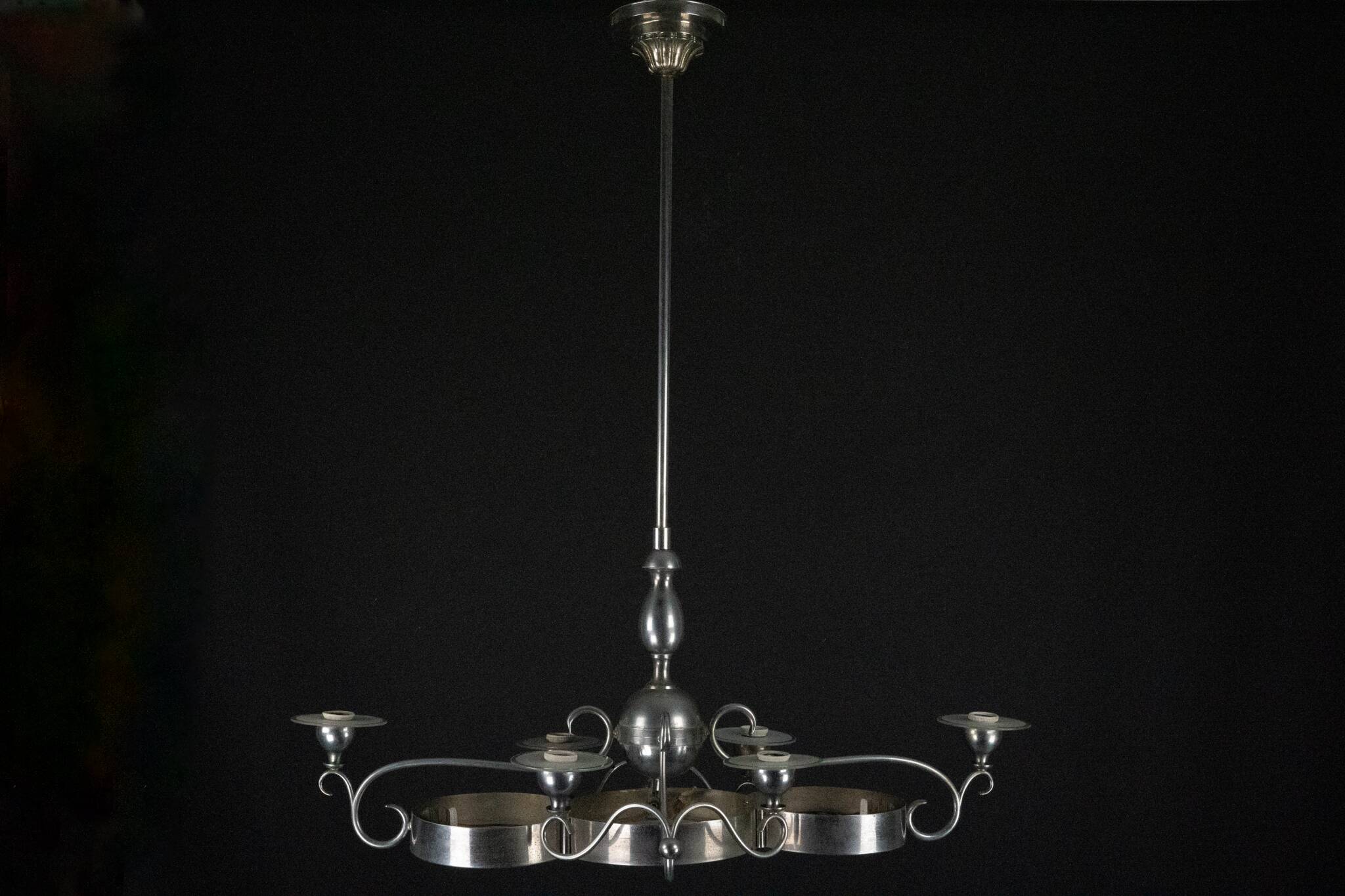 Art Deco Italian Chandelier in Nickel Brass and Frosted Glass, 1930s