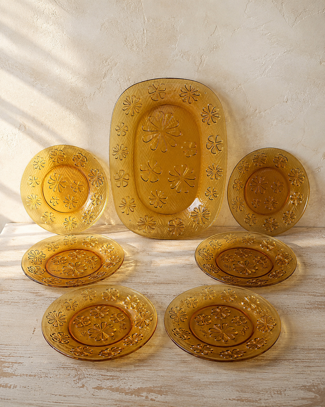 Service assiettes vereco ambré décor floral