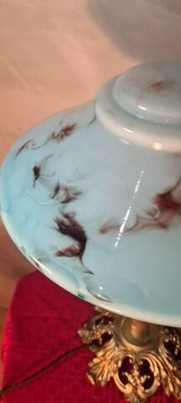 lampe bronze  et laiton art deco  opaline marbré 45x30 av nouvelle elec int