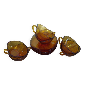 Vereco - 6 cups and saucers in orange glass
