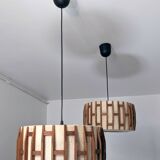 Pair of Scandinavian wooden and fabric pendant lights from the 60s