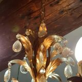 Very pretty chandelier with tassels and leaves in gold sheet metal.