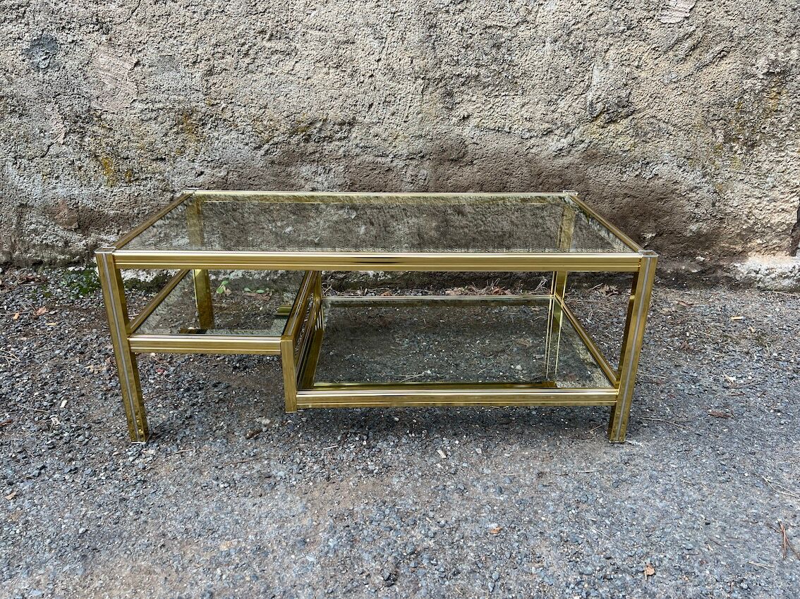 2-level coffee table Roche Bobois Hollywood Regency style brass and glass 70s