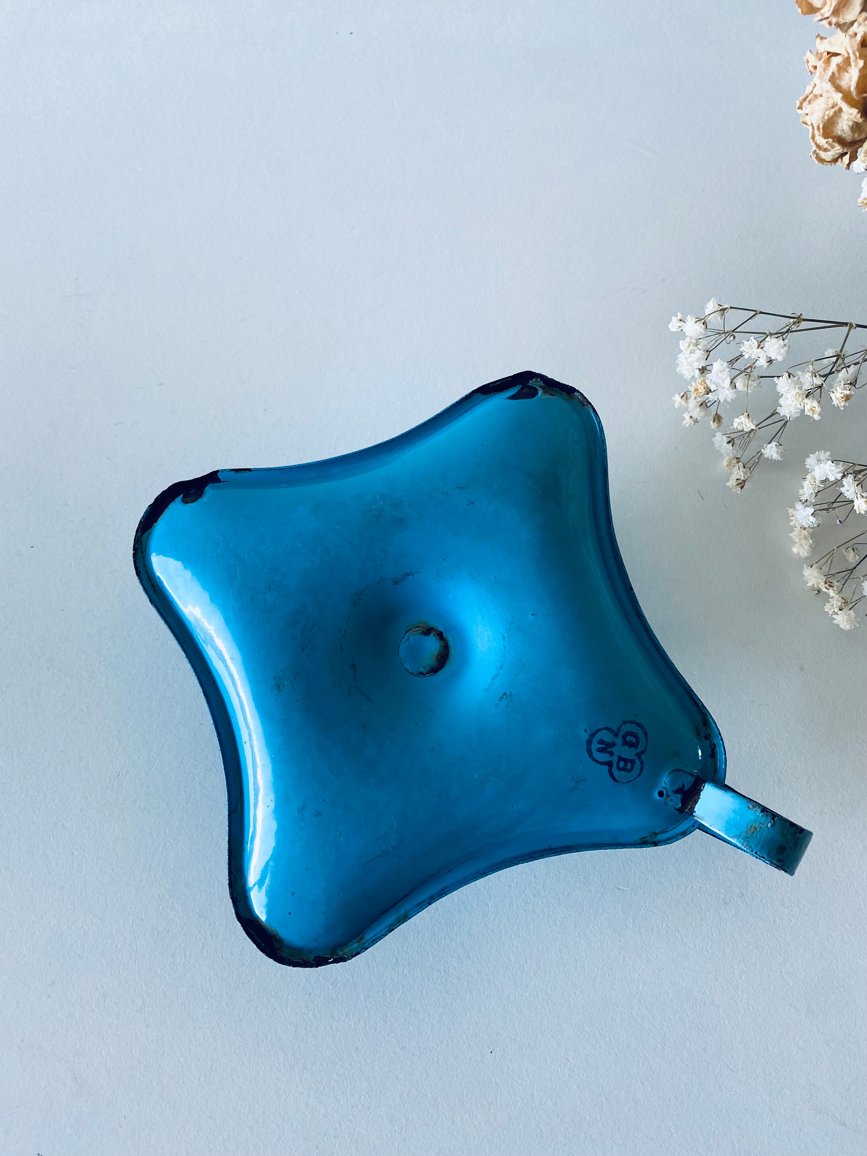 Old sky blue enamelled candle holder