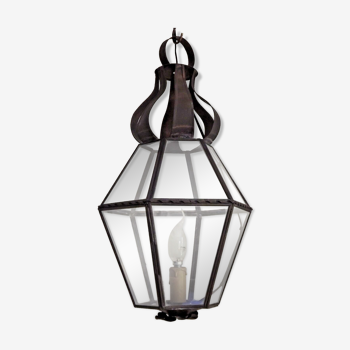 Hexagonal shaped copper and glass hanging lantern