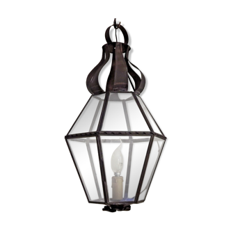 Hexagonal shaped copper and glass hanging lantern