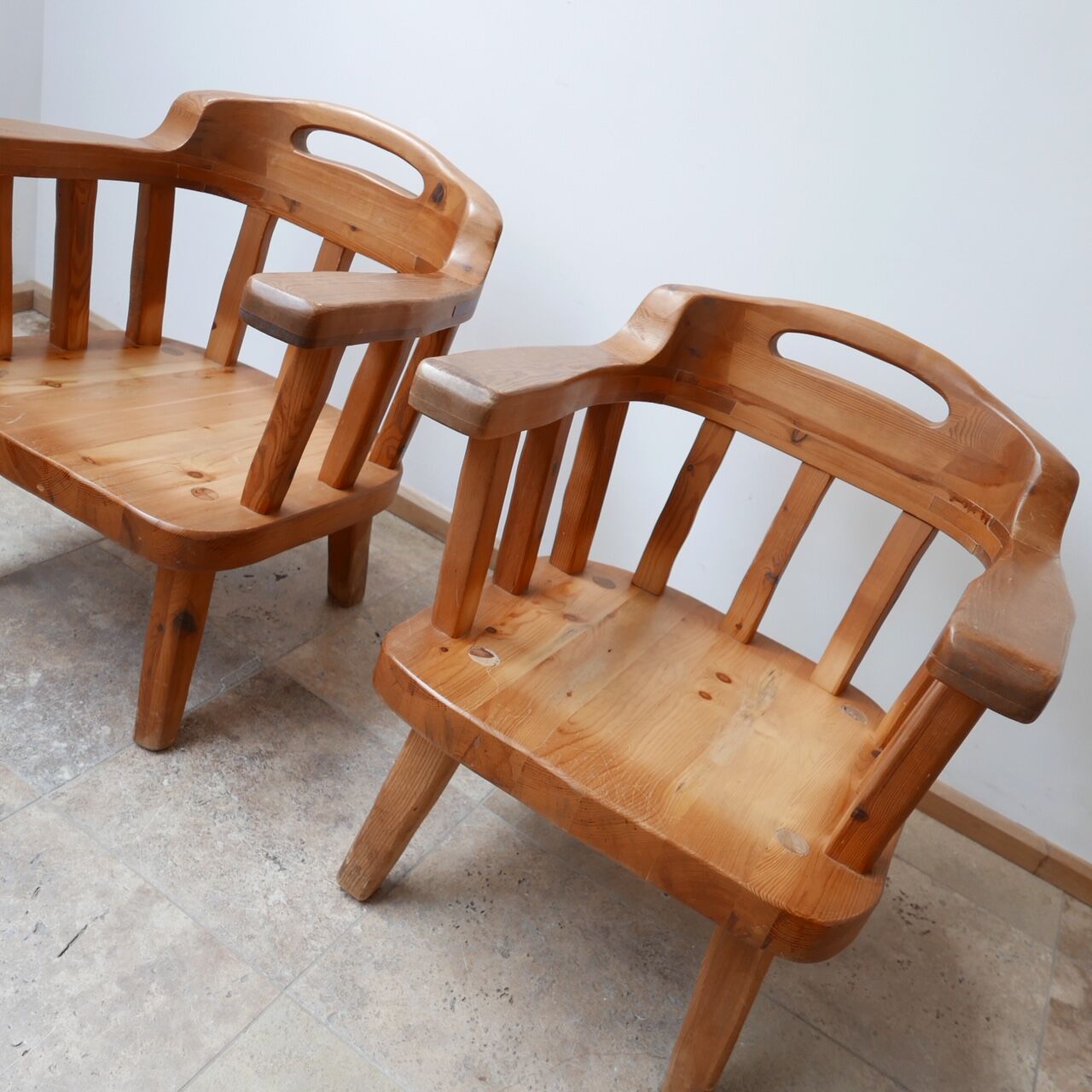Pair of danish solid pine mid-century organic easy armchairs