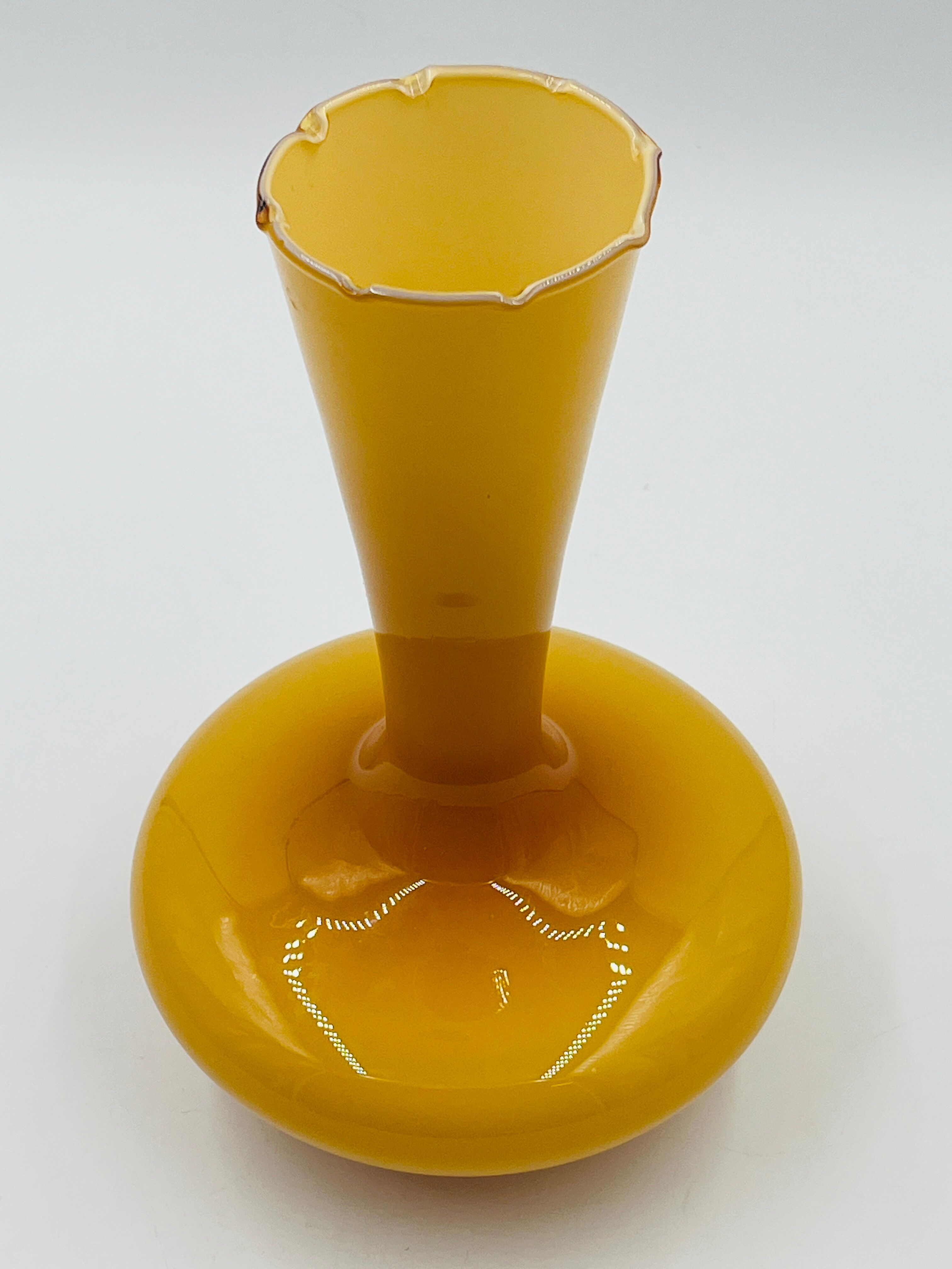 Vintage ochre opaline vase with a fluted neck