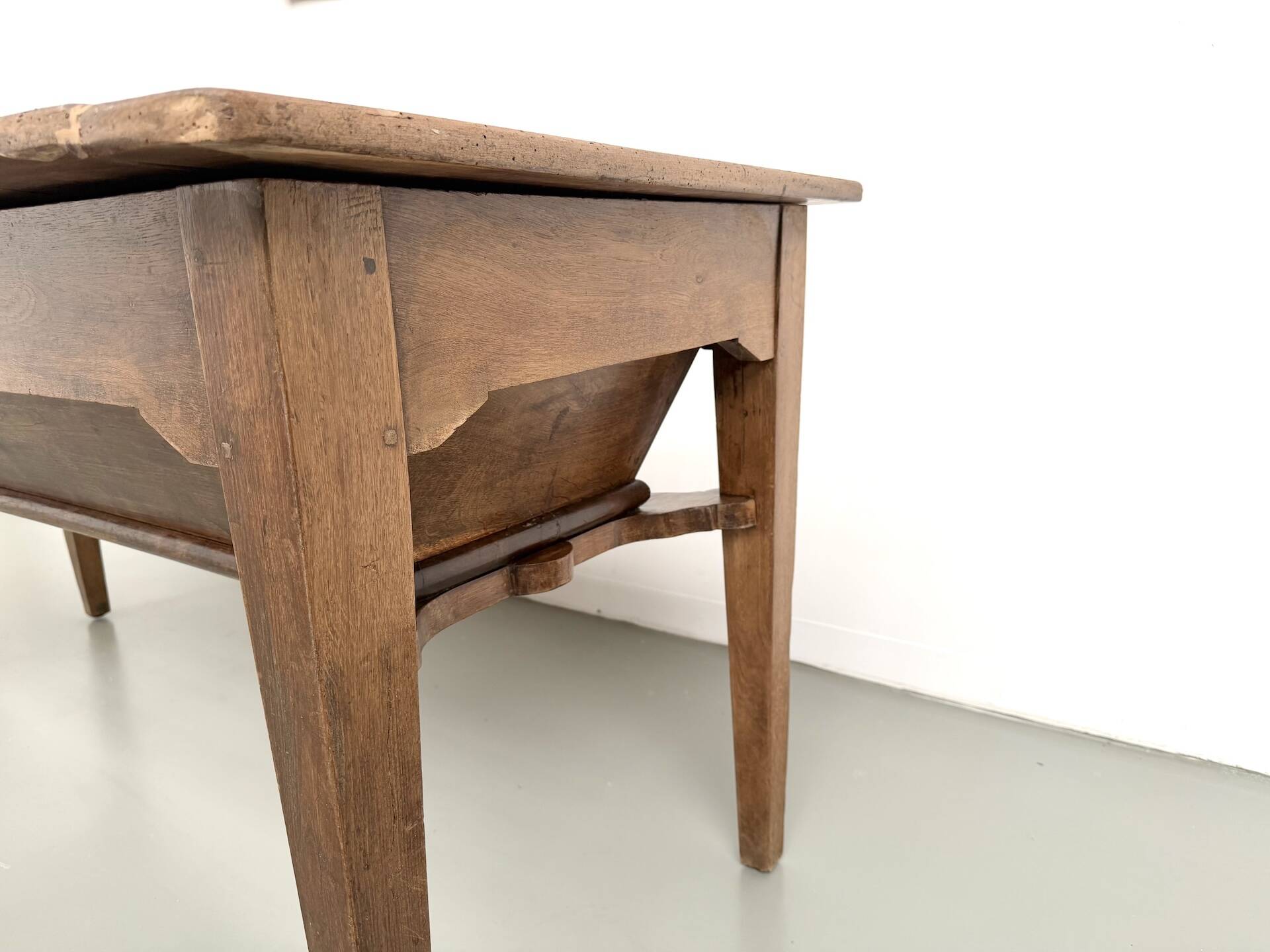 Farm table, old solid oak dough trough, France, around 1920.