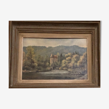 Small painting of a castle on the banks of the river