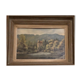 Petit tableau d'un chateau en bordure de rivière
