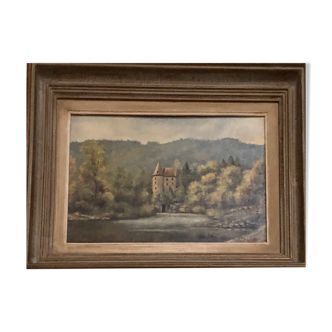 Petit tableau d'un chateau en bordure de rivière