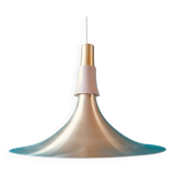 Large trumpet lamp in brushed-gold aluminum. Denmark 1970