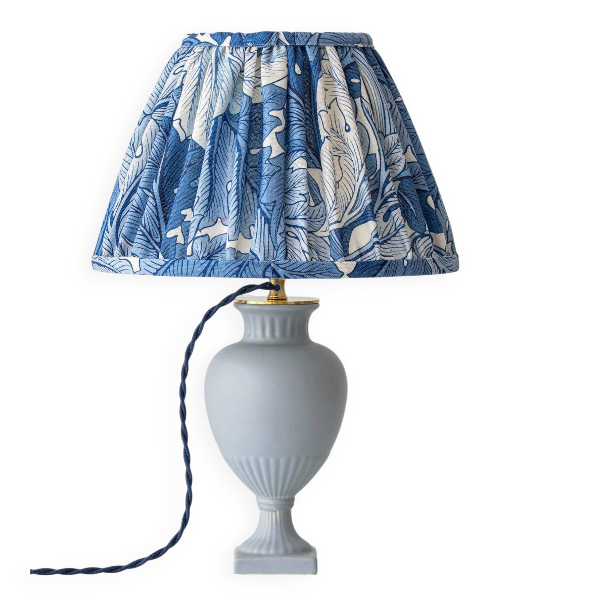 Neoclassical blue ceramic table lamp, pleated William Morris Acanthus shade.