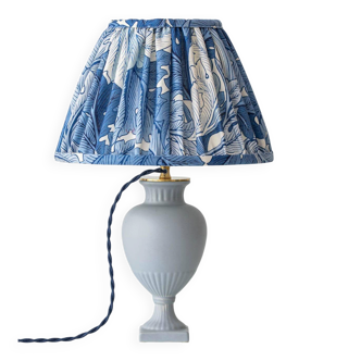 Neoclassical blue ceramic table lamp, pleated William Morris Acanthus shade.