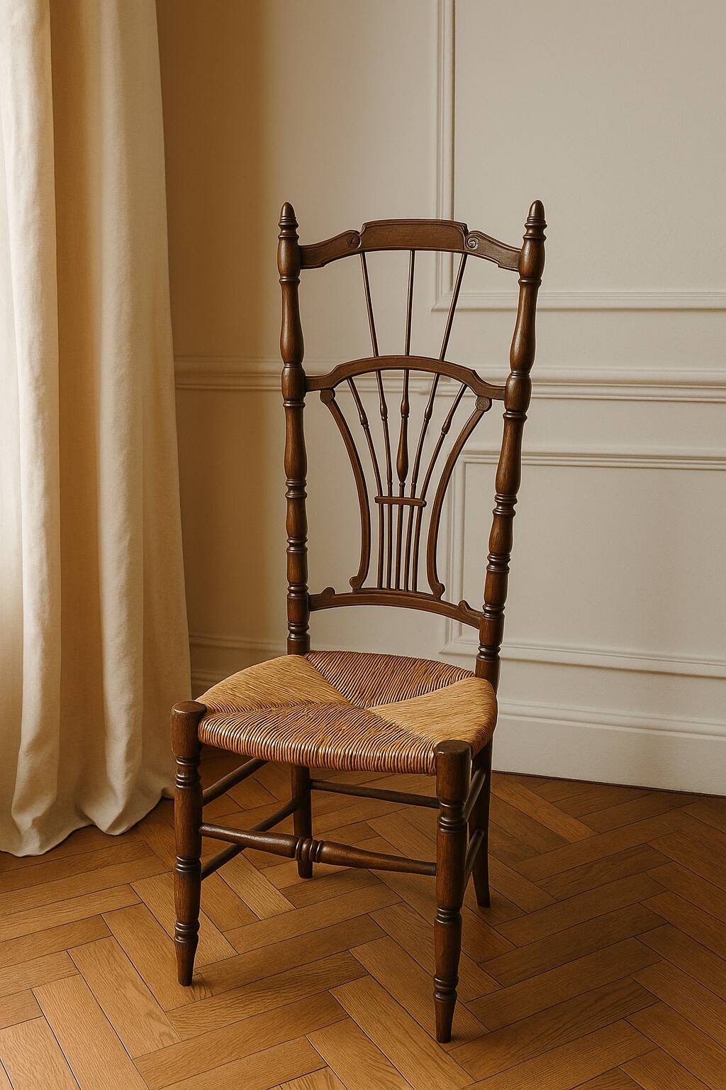 Antique chair in turned wood with straw seat – Carved lyre backrest