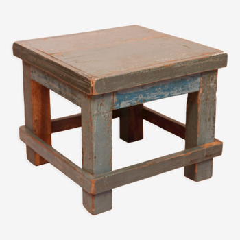 Table de chevet d'atelier en teck birman patine bleue d'origine