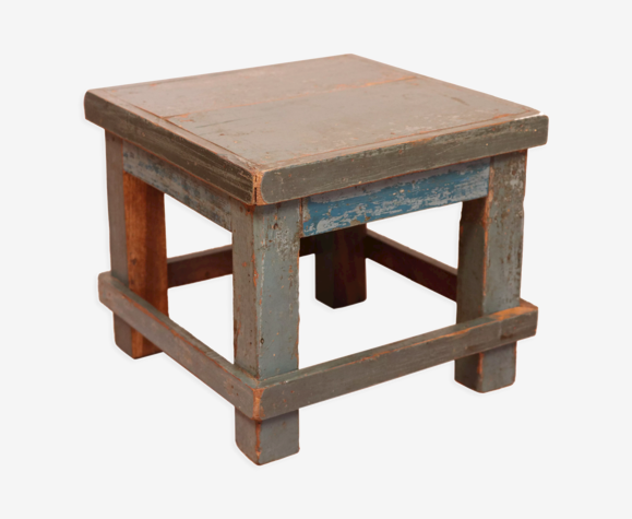 Table de chevet d'atelier en teck birman patine bleue d'origine