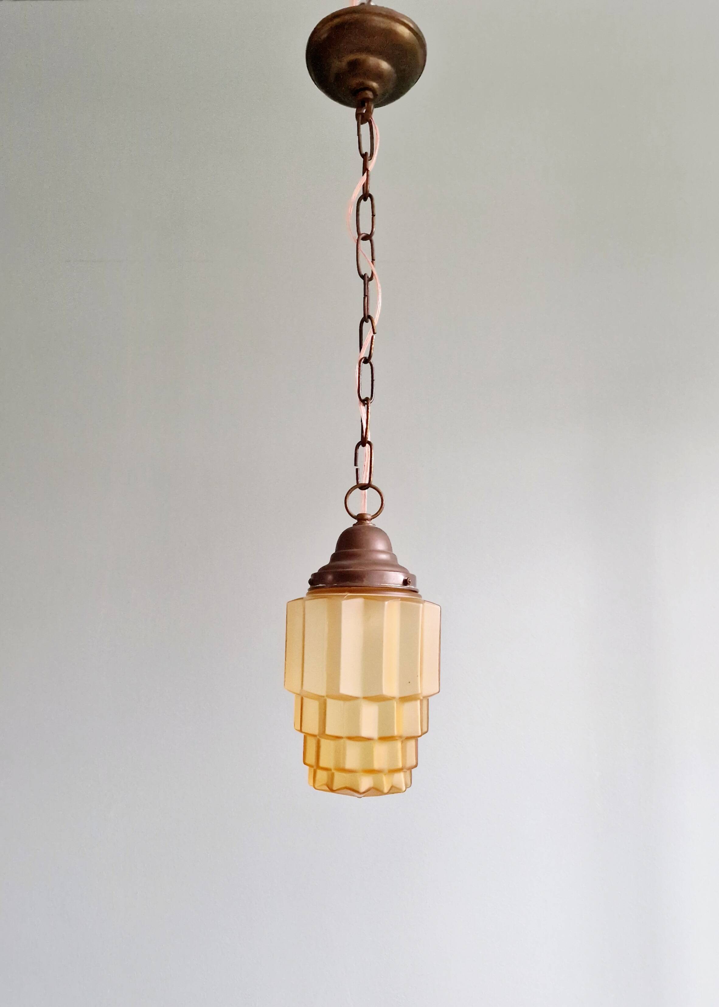 Art Deco Skyscraper type pendant lamp in amber glass, 1920s-30s