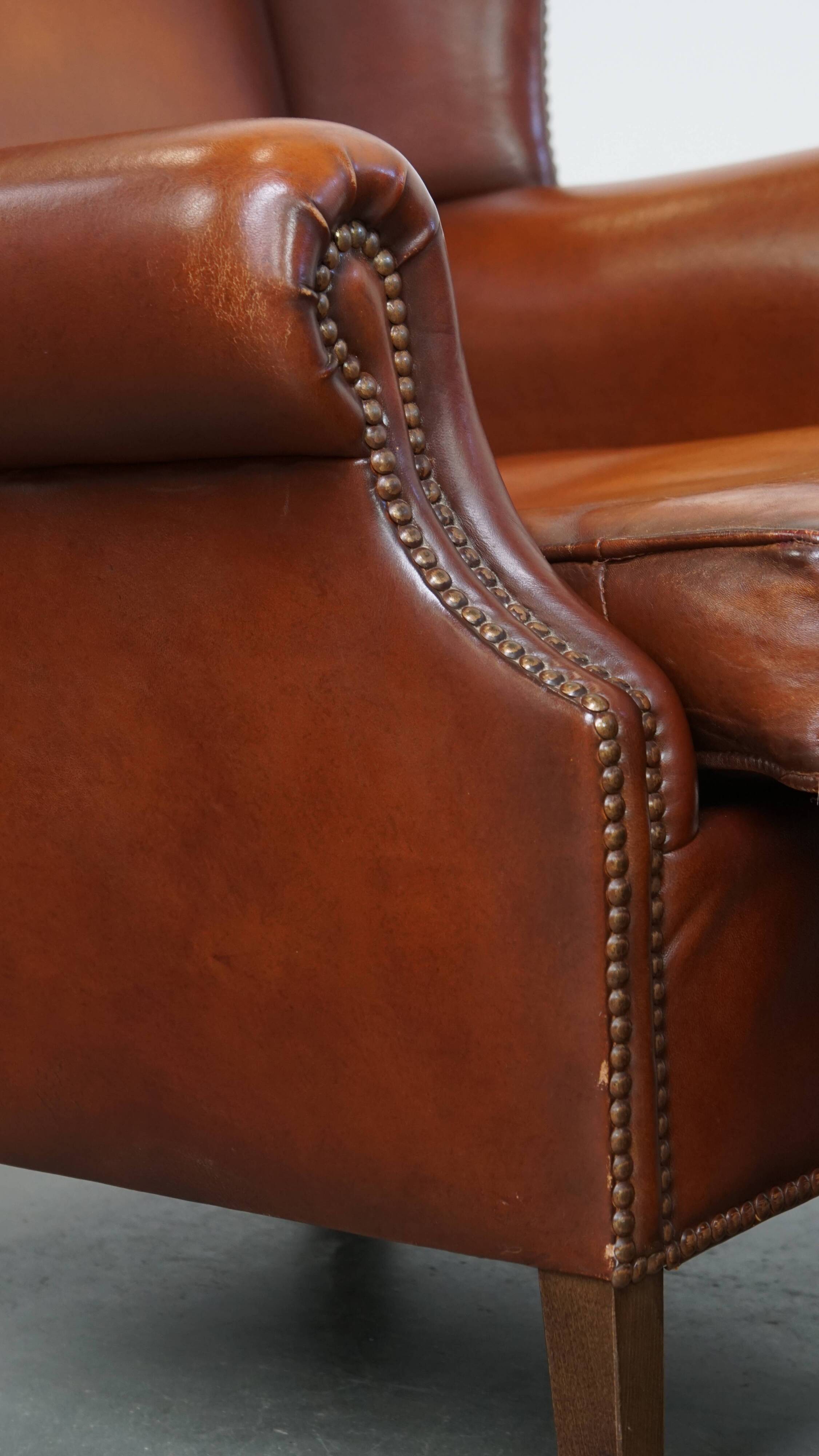 Set of 2 English style sheepskin leather wingback armchairs