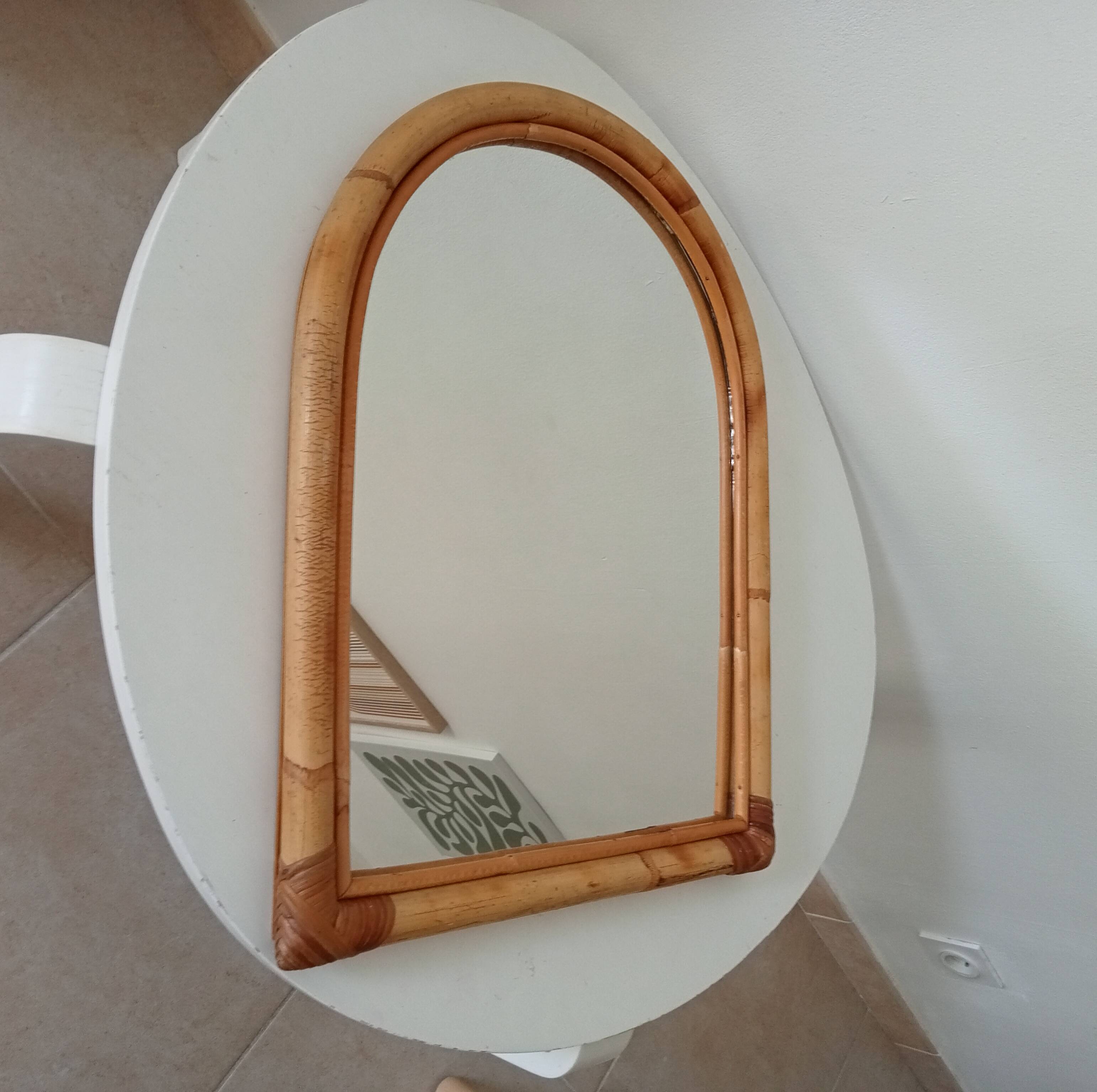 Vintage bohemian arch mirror in bamboo and rattan