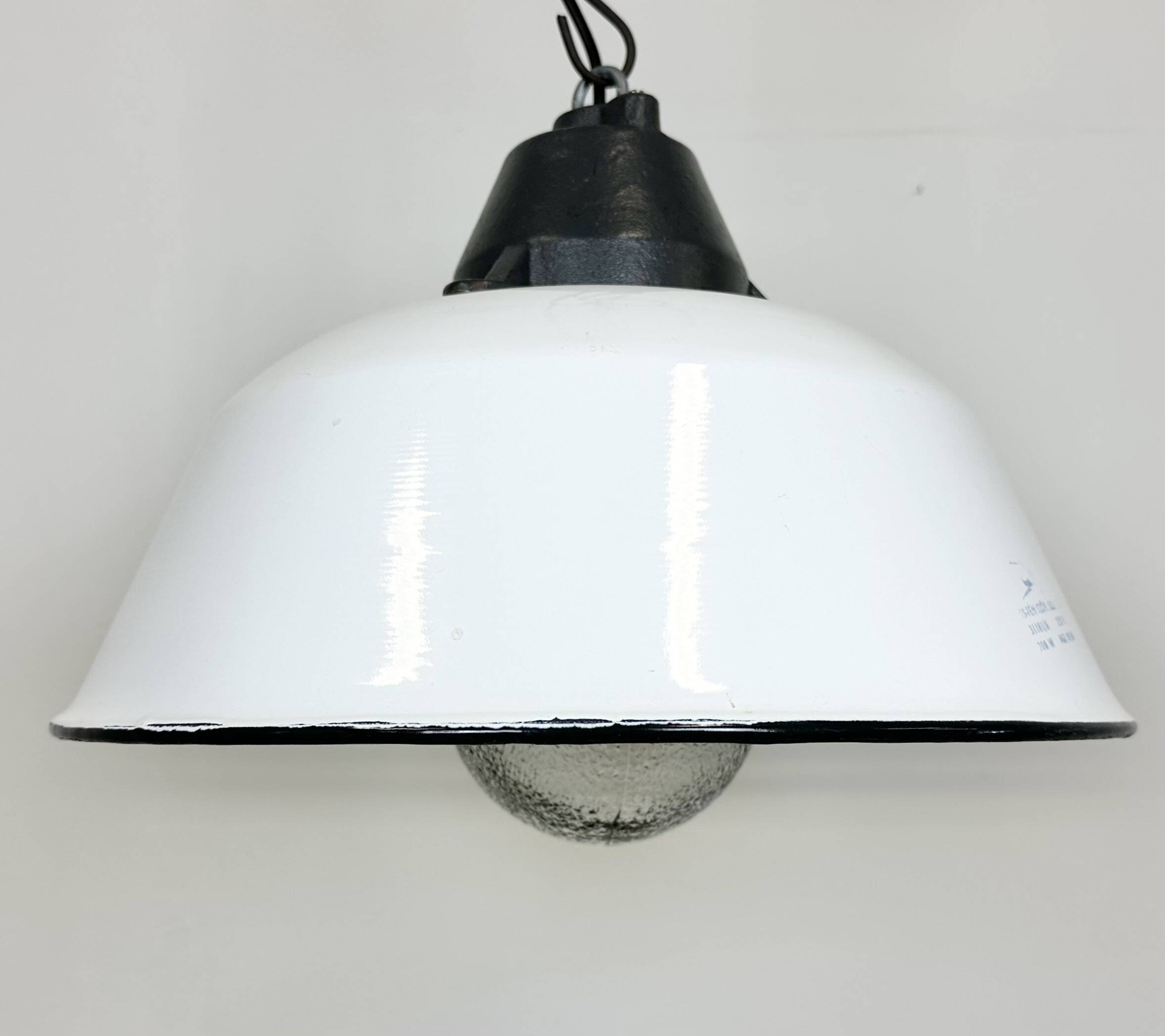 White enamel and cast iron industrial pendant light with glass cover, 1960s