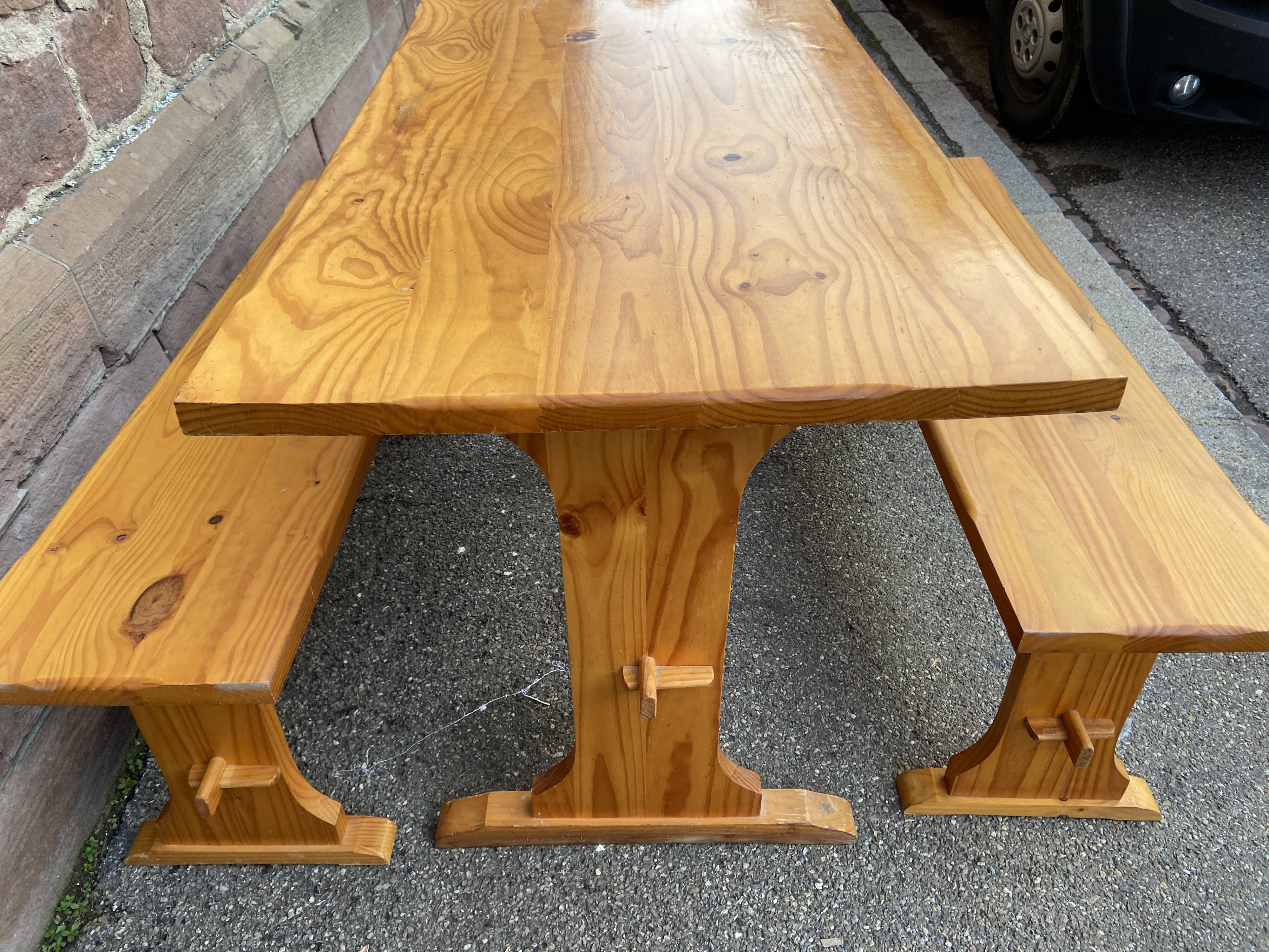 Vintage Scandinavian pine dining set, 1980s table and benches