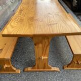 Vintage Scandinavian pine dining set, 1980s table and benches