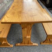 Vintage Scandinavian pine dining set, 1980s table and benches