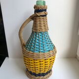 Scoubidou and wicker bottle with yellow and blue handle 70s