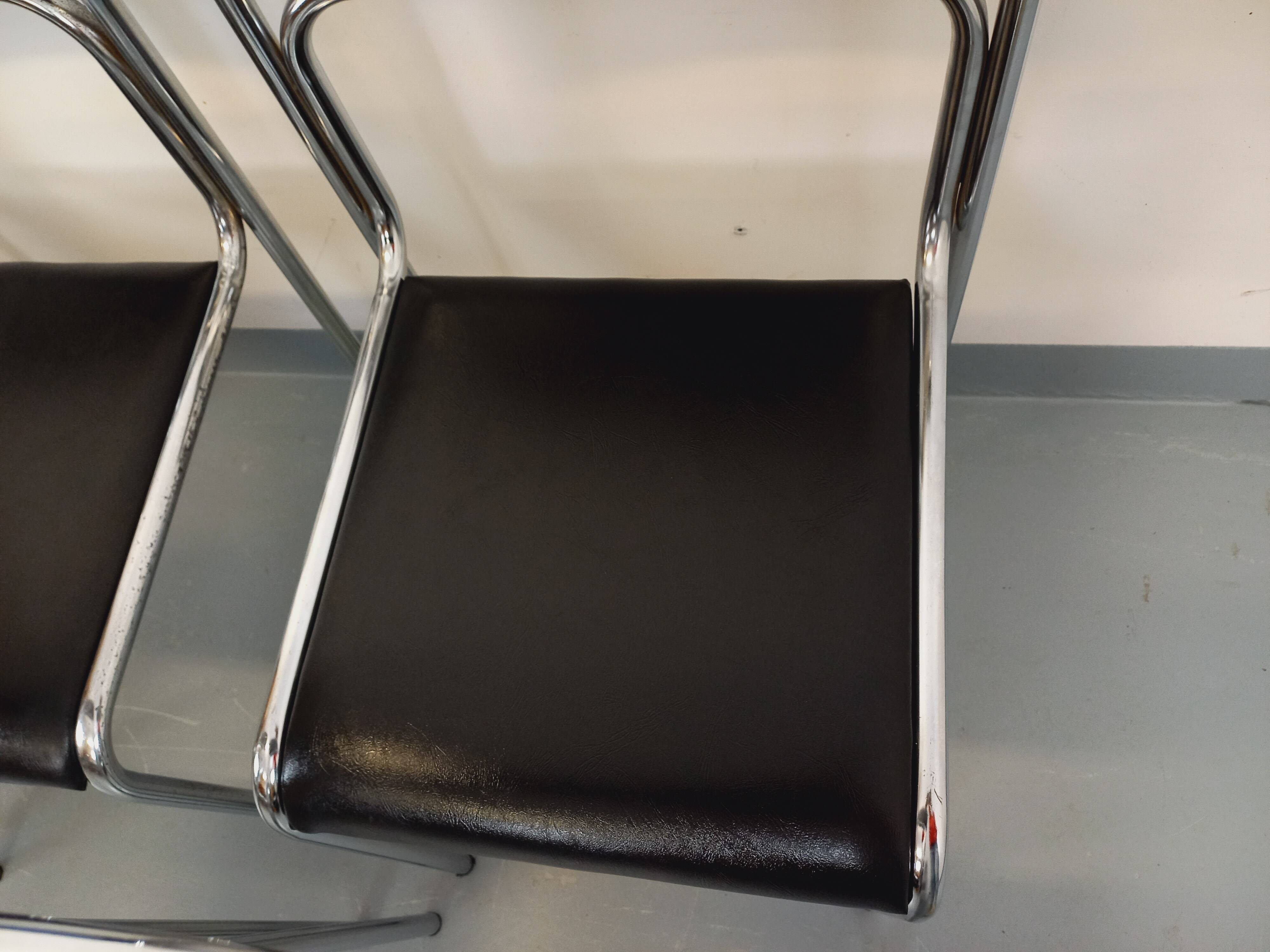 Set of 6 vintage Italian stackable chairs in chrome metal and skai.
