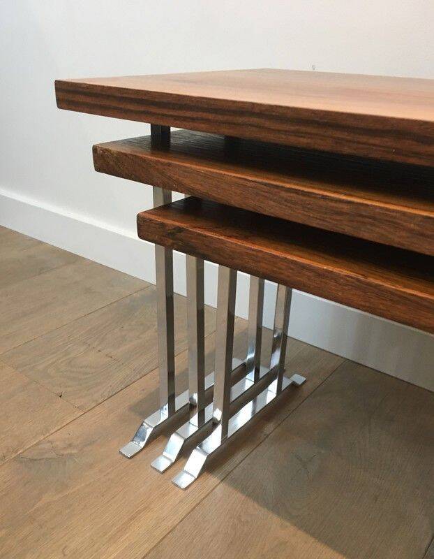 Set of 3 nesting tables in exotic wood and chrome