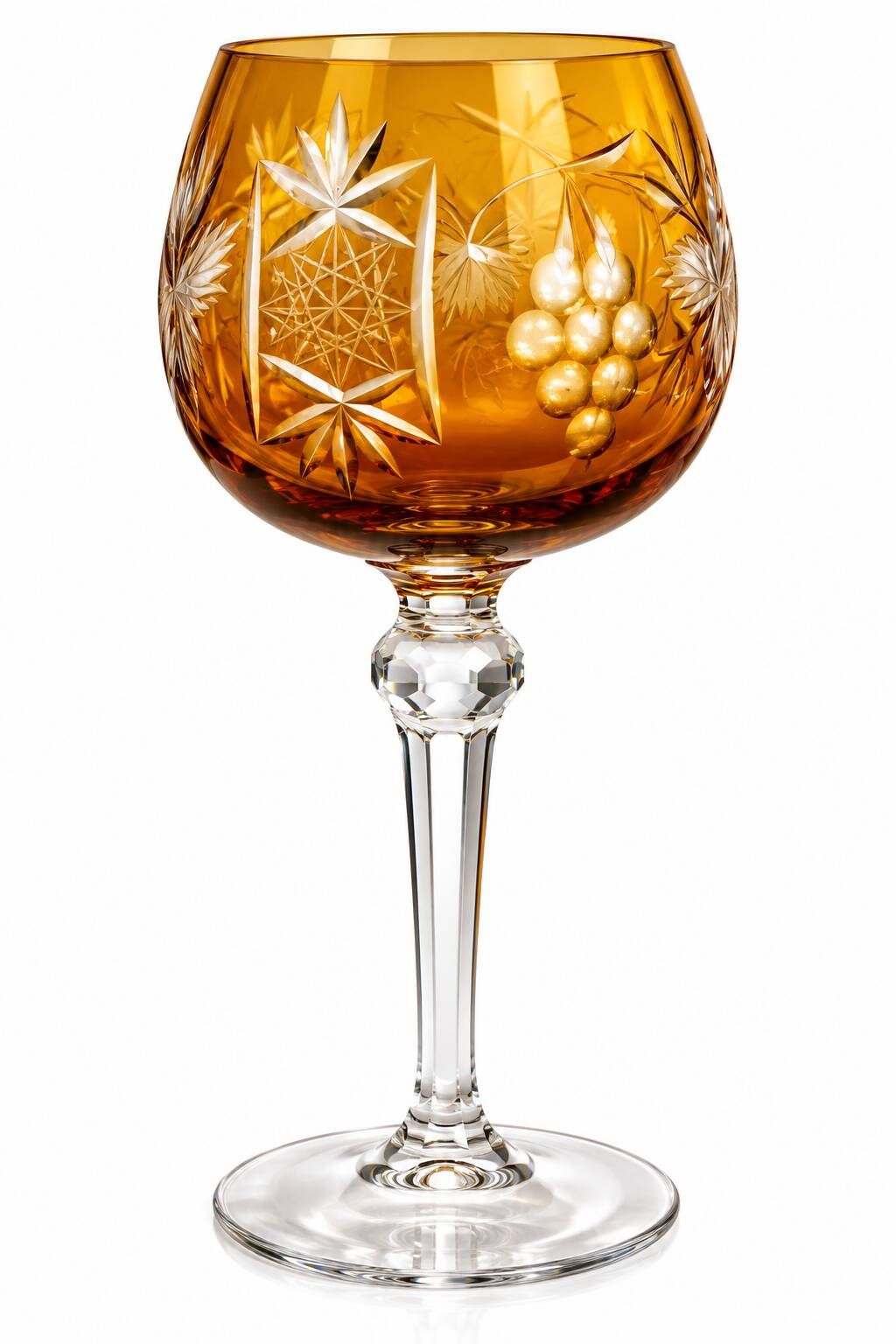 Set of 6 coloured wine glasses, vine decoration, Bohemian style – H. 20 cm