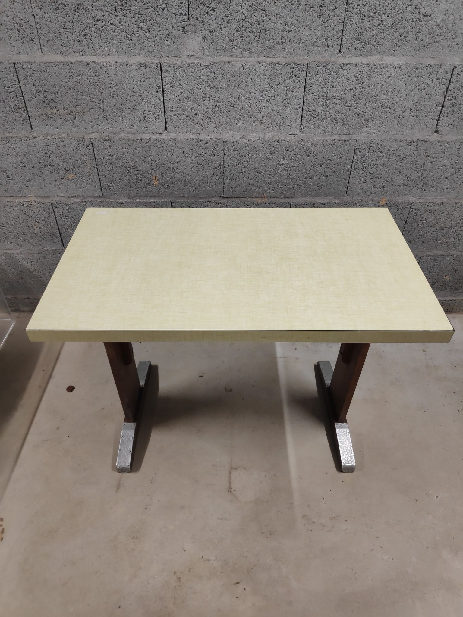 Vintage bistro table in yellow formica, wood and zinc from the 50s/60s