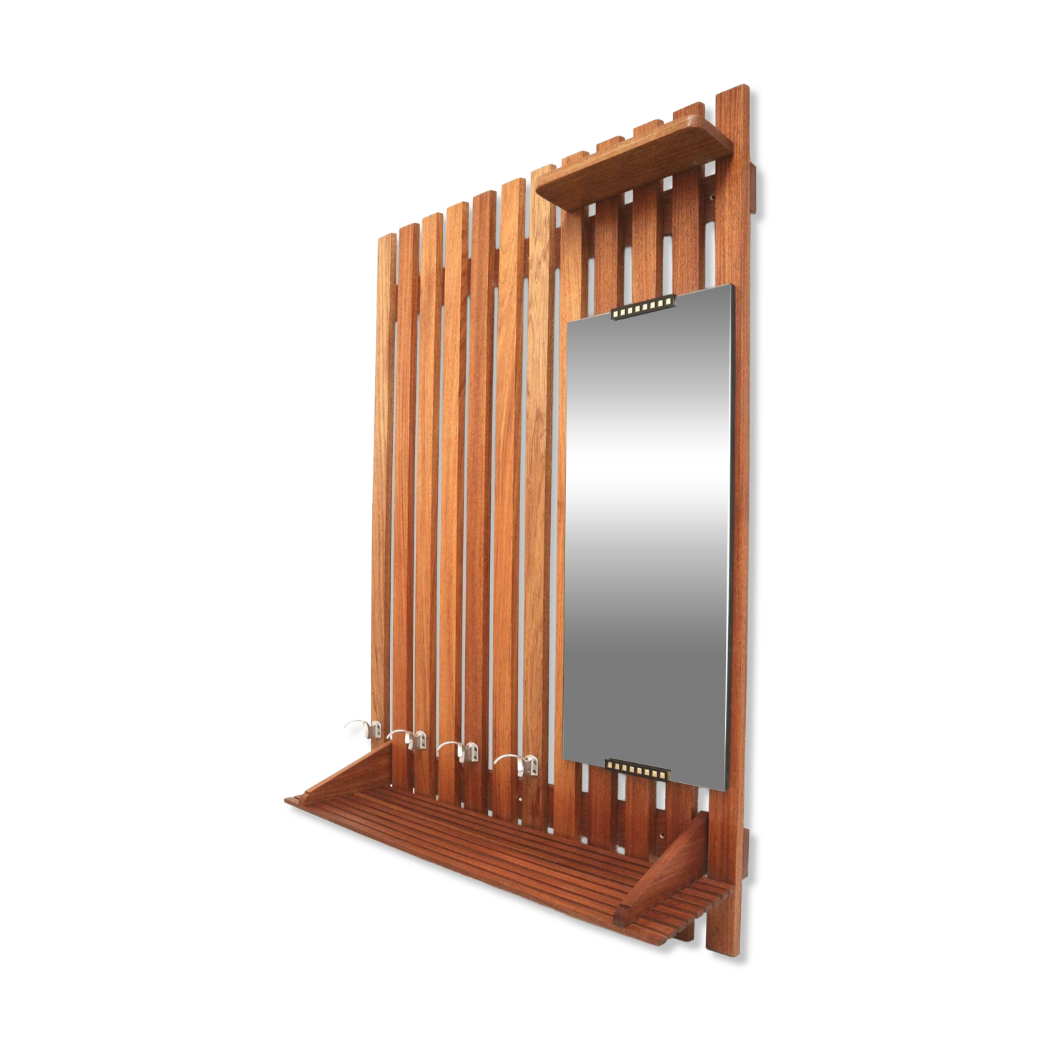 Large vintage coat rack with mirror and rack made of teak wood