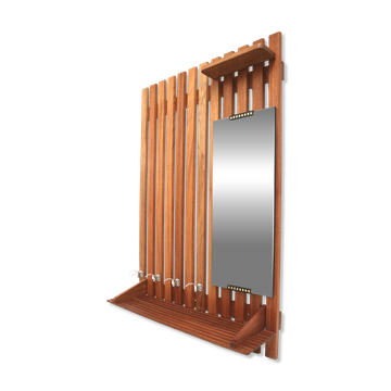 Large vintage coat rack with mirror and rack made of teak wood