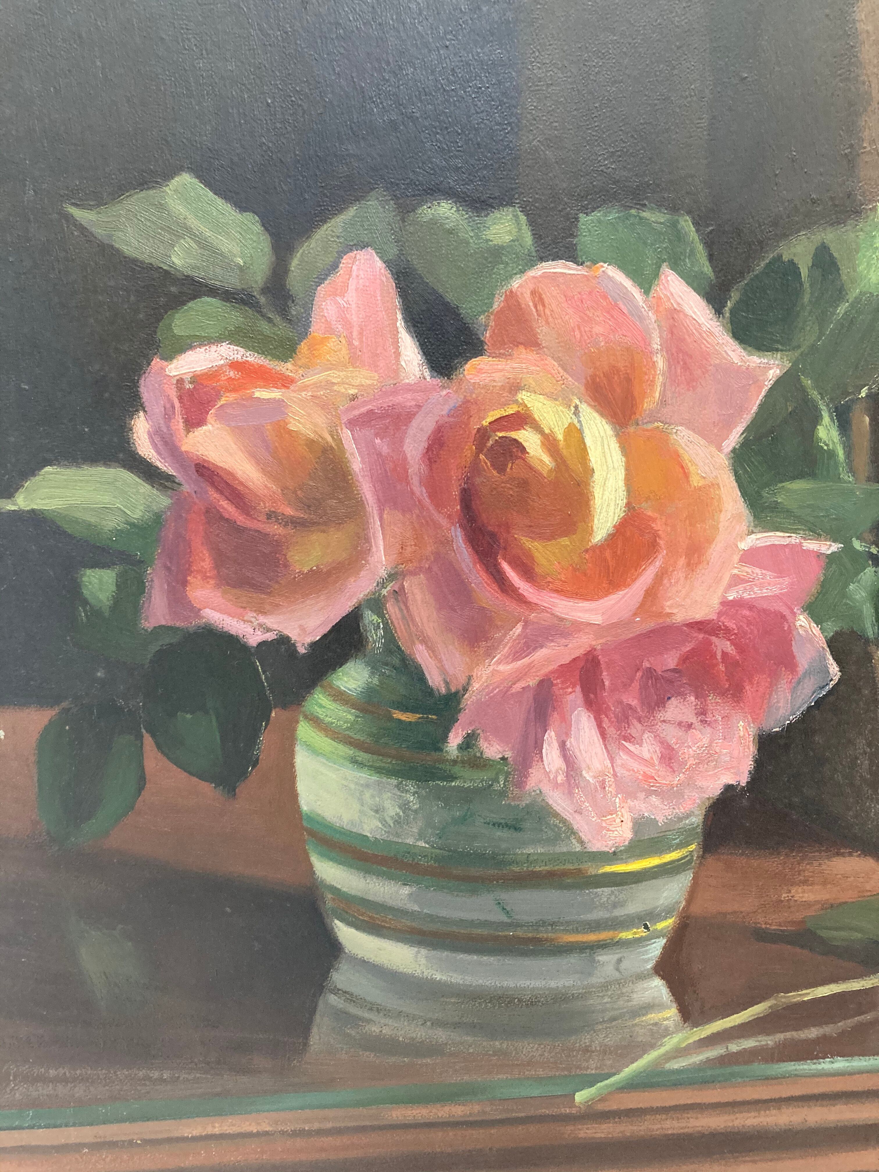 Tableau bouquet de roses devant la fenêtre